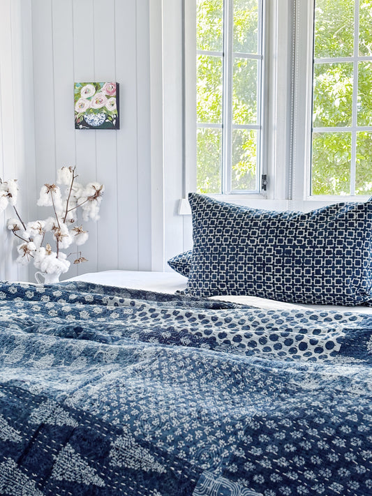 Coastal Living Indigo Patchwork Hand Block Printed Kantha Quilt Bundle