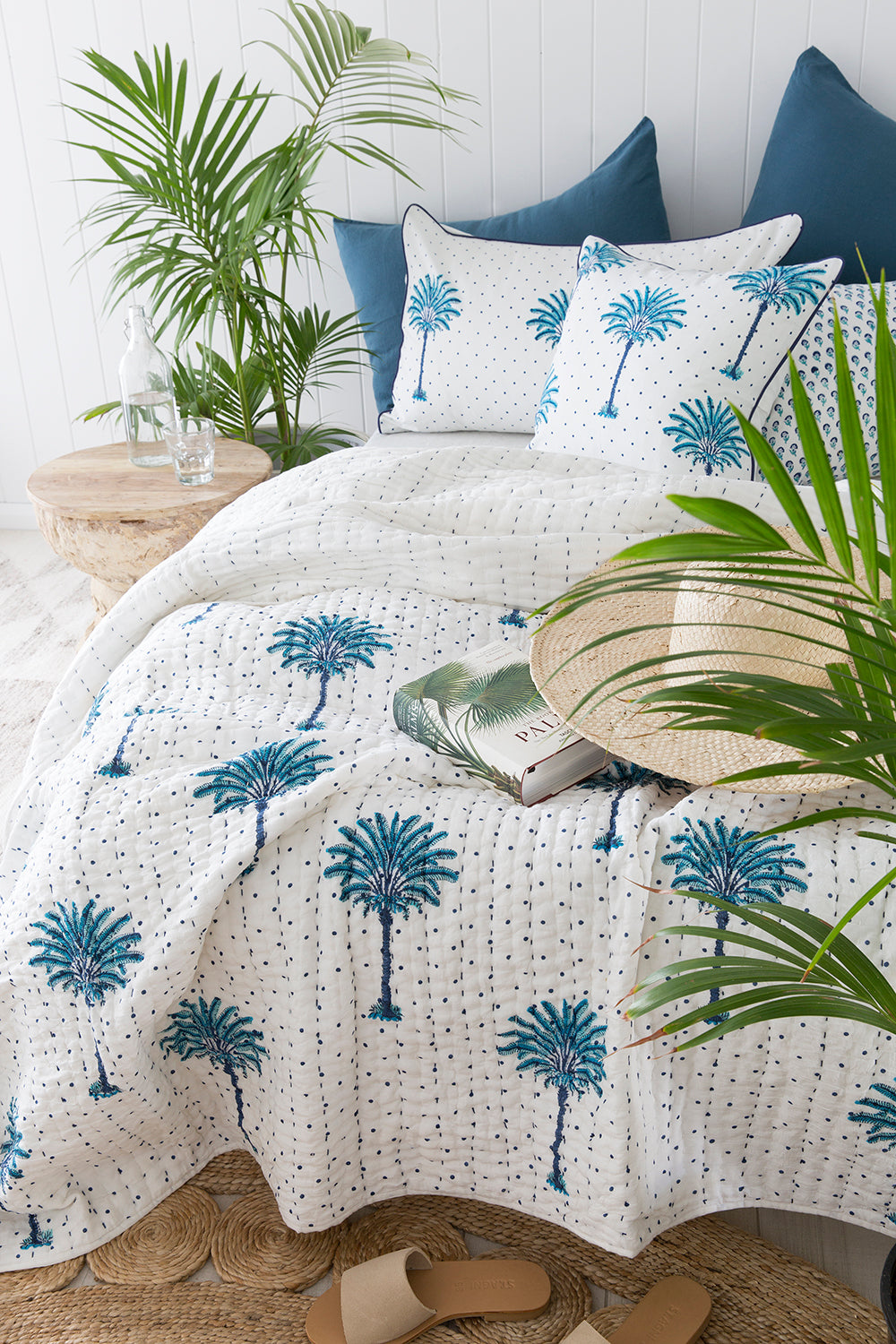 Blue Boho  Polka Dot Palm Tree Kantha Quilt plus Quilted Pillowcase Bundle