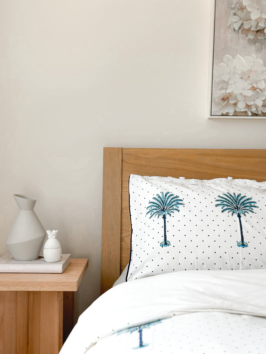 Boho Blue Polka Dot Palm Trees Pillow Case