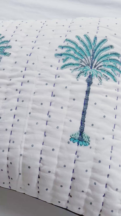 Blue Polka Dot Palm Tree Quilted Pillowcase