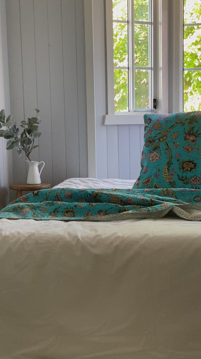 Indigo Hamptons Floral Kantha Quilt  ( Large Quilt)