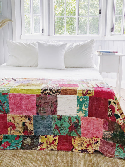 Patchwork Velvet Birds of Paradise Kantha Quilt