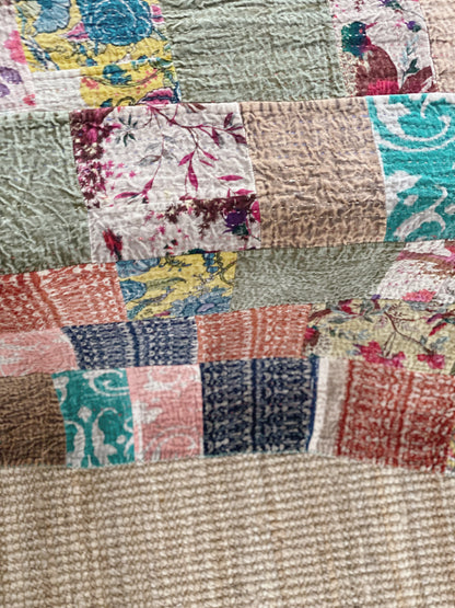 Stripes and florals Patchwork Velvet Kantha Quilt