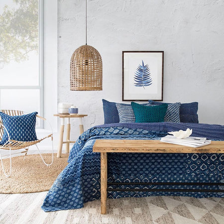 Indigo Patchwork Hand Block Printed Kantha Quilt|Peacocks And