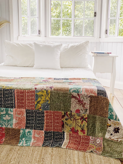 Stripes and florals Patchwork Velvet Kantha Quilt