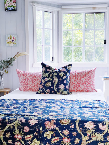 Navy Blue Jardin Kantha Quilt-Single size