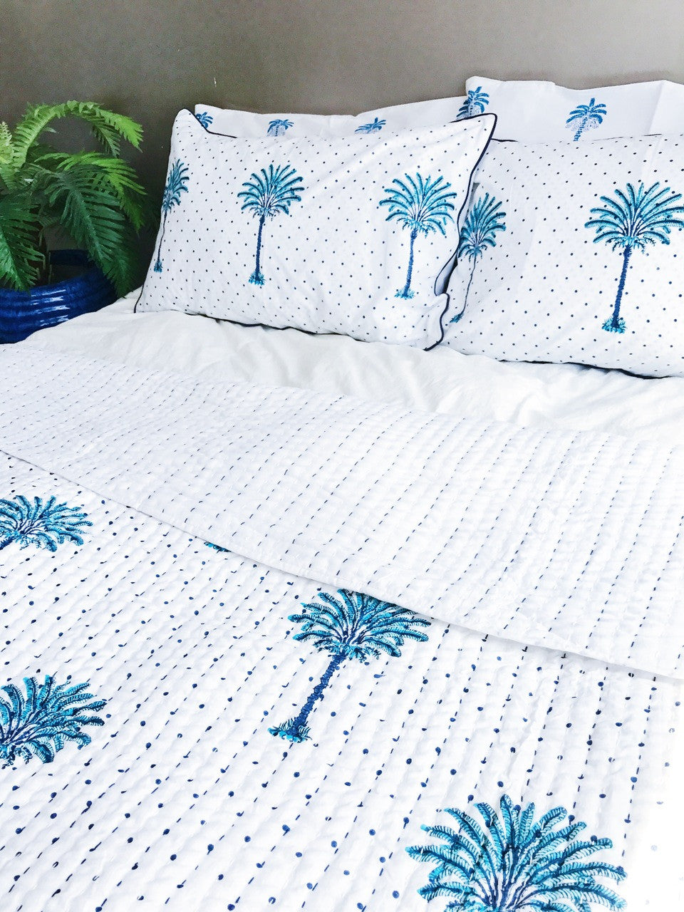 Boho Blue Polka Dot Palm Trees Pillow Case| Peacocks and Paisleys