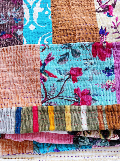 Patchwork Velvet Birds of Paradise Kantha Quilt