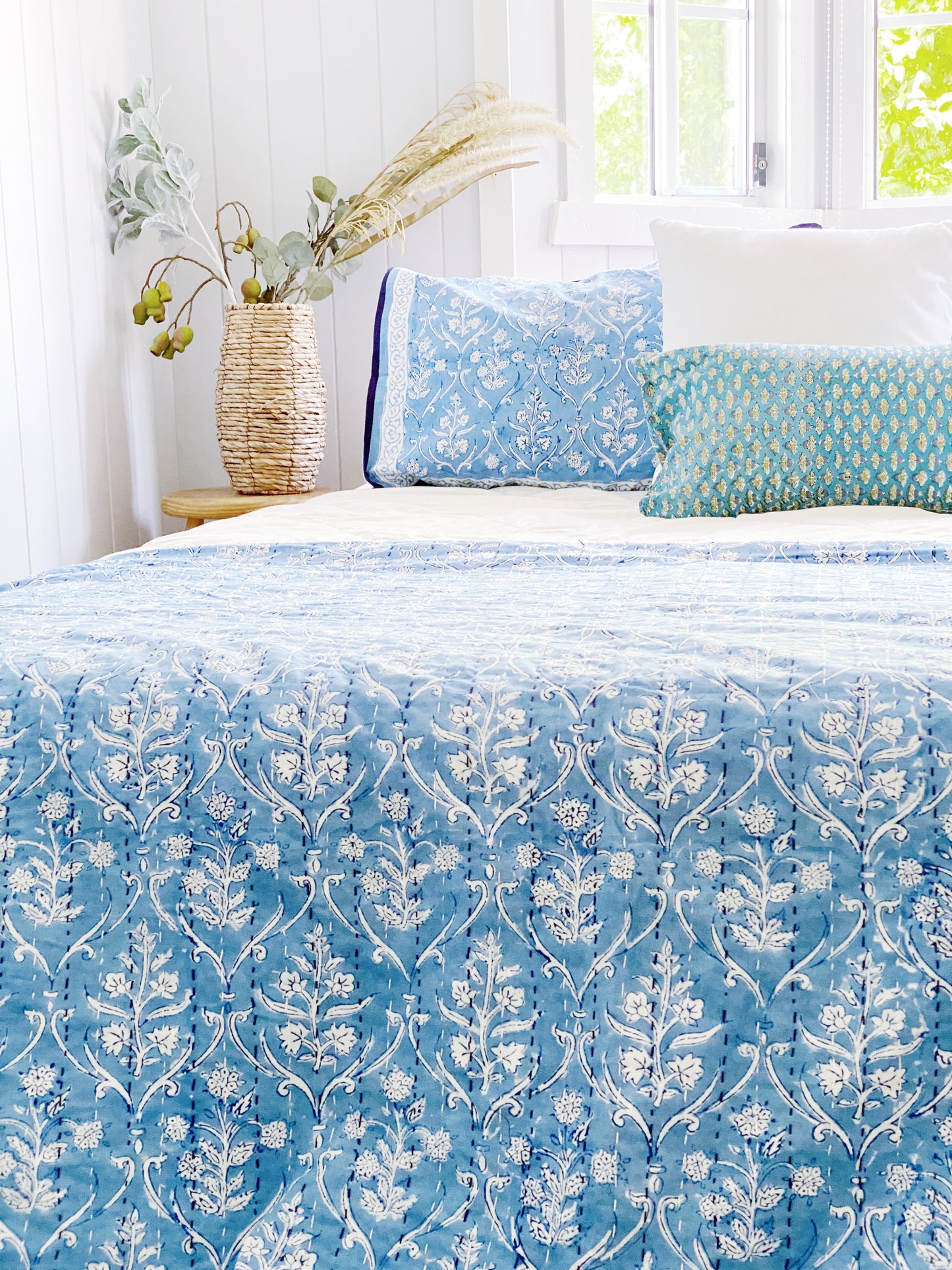 Sapphire Posy  Kantha Quilt Set -Large