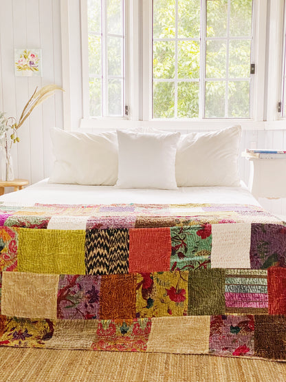 Blush Patchwork Velvet Kantha Quilt