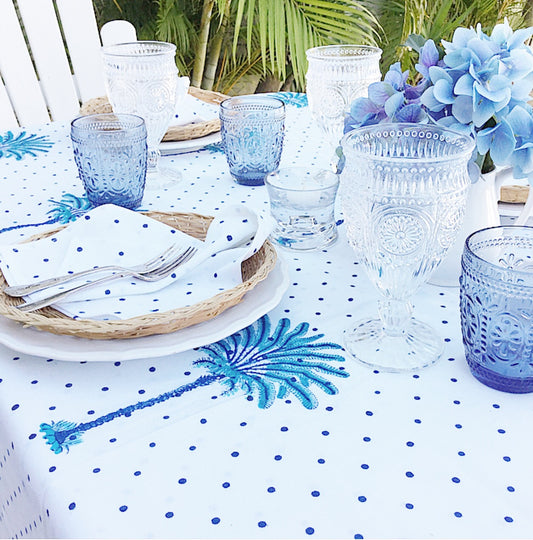 Boho Blue Palm Hamptons Tablecloth| Peacocks and Paisleys