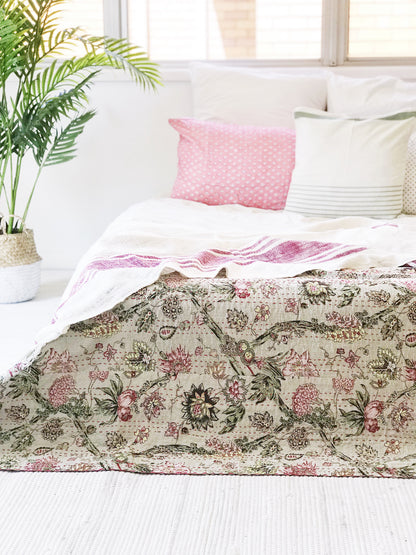 Sage Green Jardin  Kantha Quilt