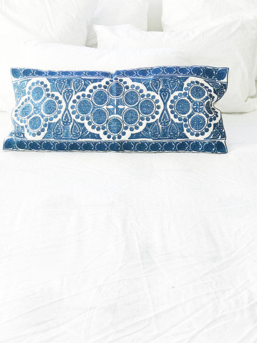 Indigo Embroidered Long Lumbar Cushion Cover
