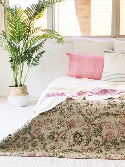 Sage Jardin Kantha Quilt-Single size