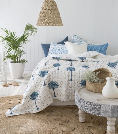 Blue Boho Polka Dot Palm Trees Kantha Quilt | Peacocks and Paisleys