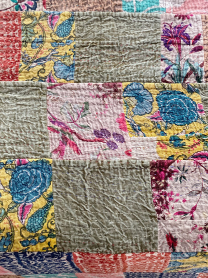 Stripes and florals Patchwork Velvet Kantha Quilt