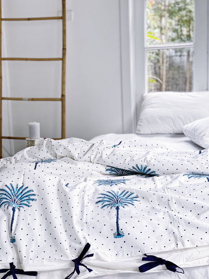 Blue Boho Polka Dot Palm Tree Quilt Cover