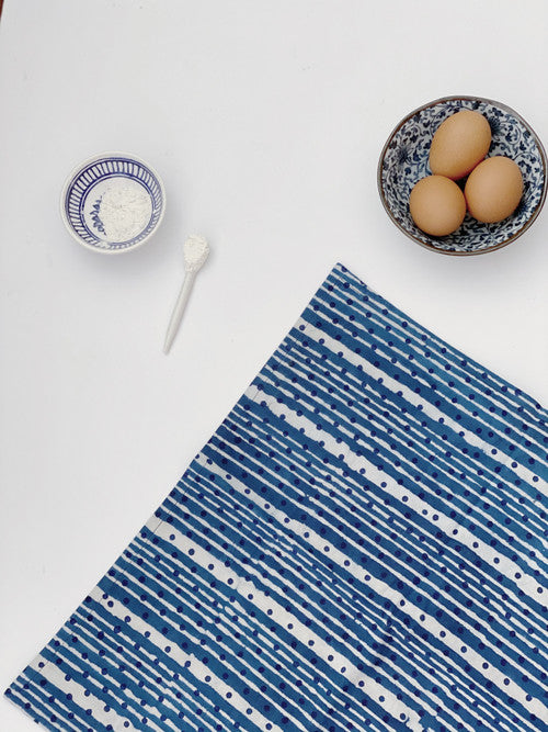 Indigo Dots and Stripes Tea Towel