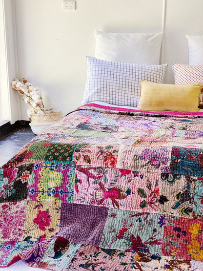 Patchwork Velvet Birds of Paradise Kantha Quilt