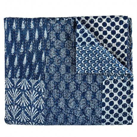 Indigo Patchwork Hand Block Printed Kantha Quilt | Peacocks and Paisleys