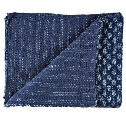 Indigo Patchwork Hand Block Printed Kantha Quilt | Peacocks and Paisleys