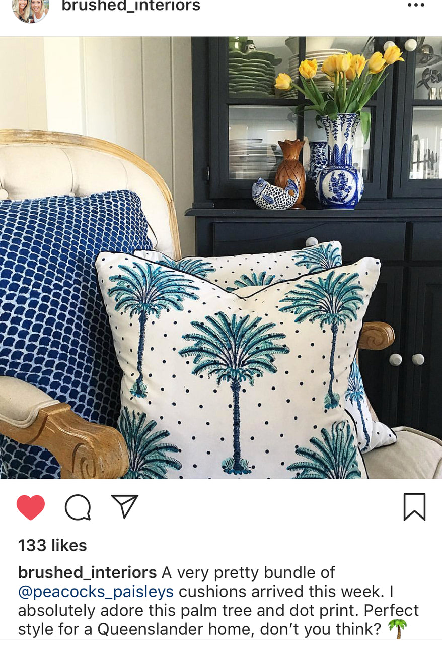 Blue Boho Palm Tree Polka Dot Cushion Cover