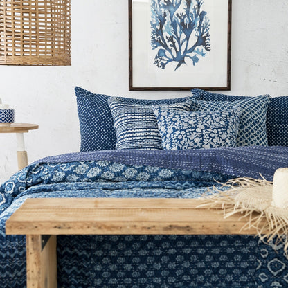 Indigo Patchwork Hand Block Printed Kantha Quilt | Peacocks and Paisleys